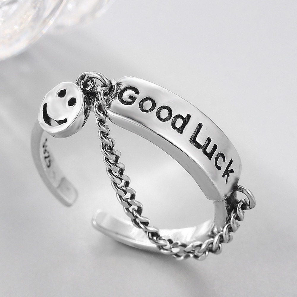 Smiley face ring, silver chain ring, lucky ring, stacking silver ring